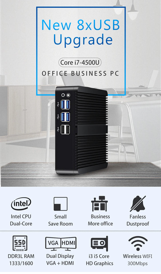 Tolibek HTPC Fanless Mini PC Windows 10 Intel Core i3 5005U i5 4200U Celeron 2955U DDR3L WiFi HDMI 8*USB Office Mini Computer