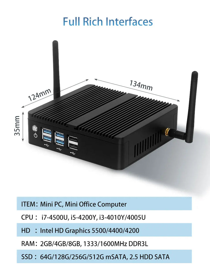 Tolibek HTPC Fanless Mini PC Windows 10 Intel Core i3 5005U i5 4200U Celeron 2955U DDR3L WiFi HDMI 8*USB Office Mini Computer
