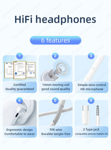 Half-In-Ear Wired Headphones HiFi Music Earbud Handfree Earphone Type-C 3.5mm With Mic For Android Samsung Xiaomi Tablet Laptops