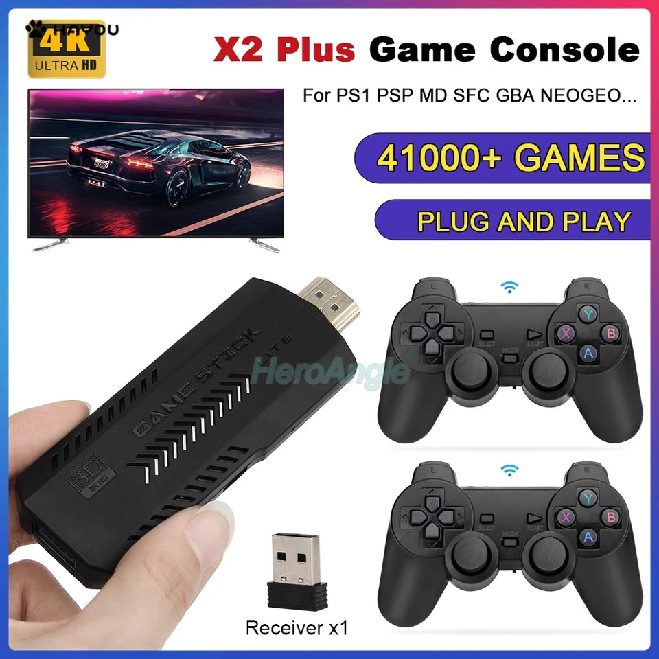 New X2 Plus Game Stick 4K GD10 Retro Video Game Console 2.4G Wireless Controller HD-Out 40000 Games For PSP/N64/PS1