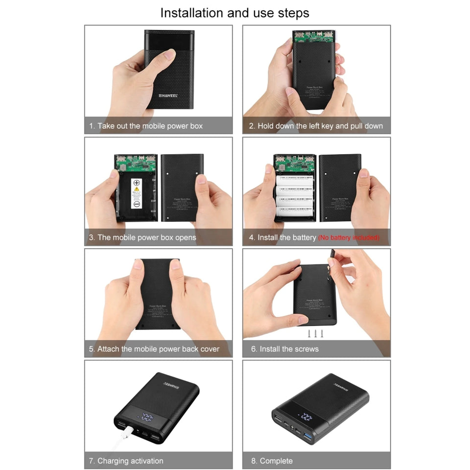 HAWEEL DIY 4x 18650 Battery (Not Included) 12000mAh Dual-way QC Charger Power Bank Shell Box with 2x USB Output & Display, Suppo