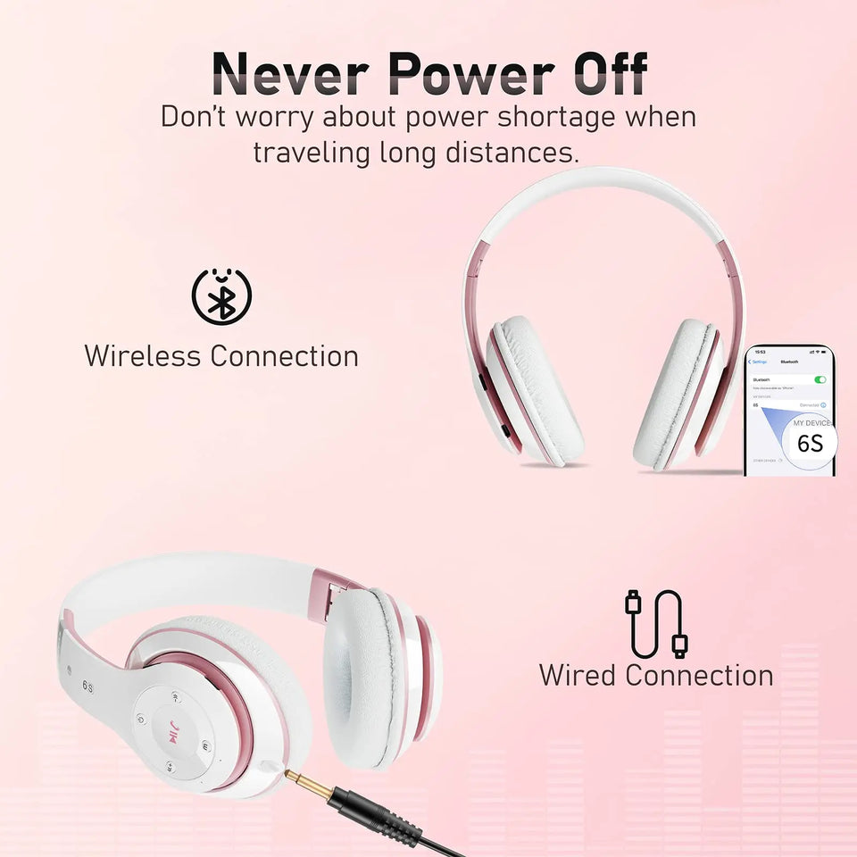 Bluetooth Headphones Over Ear, 6S Foldable Wireless Headphones with 6 EQ Modes, 40 Hours Playtime HiFi Stereo Headset with Mic