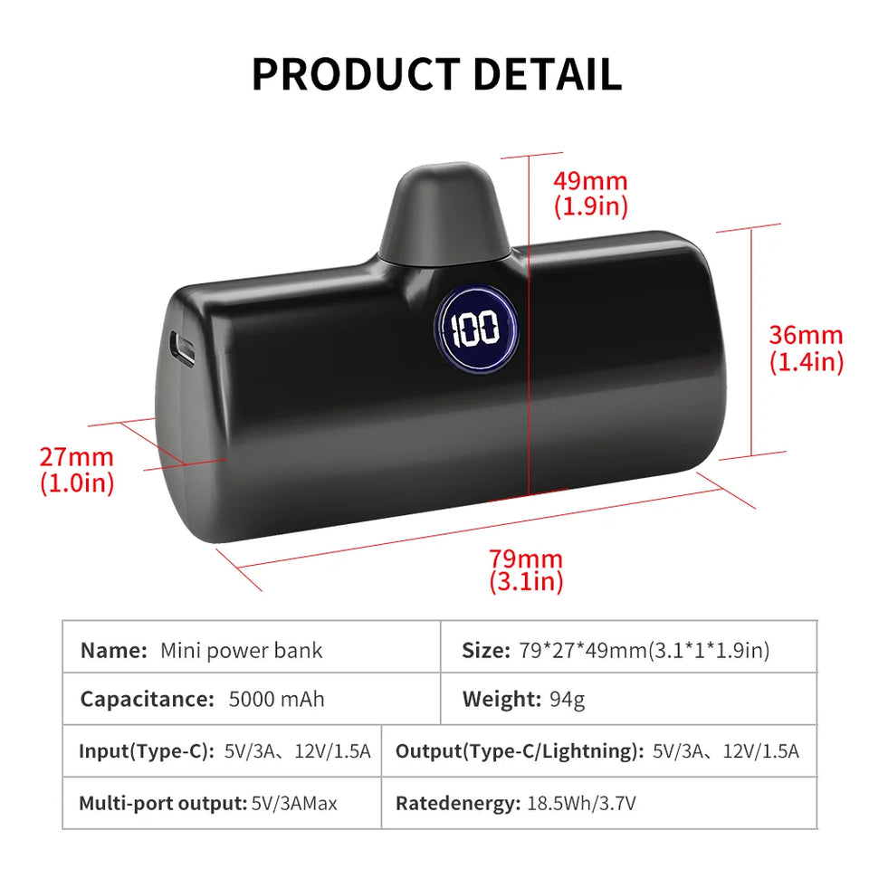Mini Power Bank Portable 18.5W Fast Charge LED Display Lightning/Type-C Plug 5000mAh Capsule External Battery Pack Powerbank