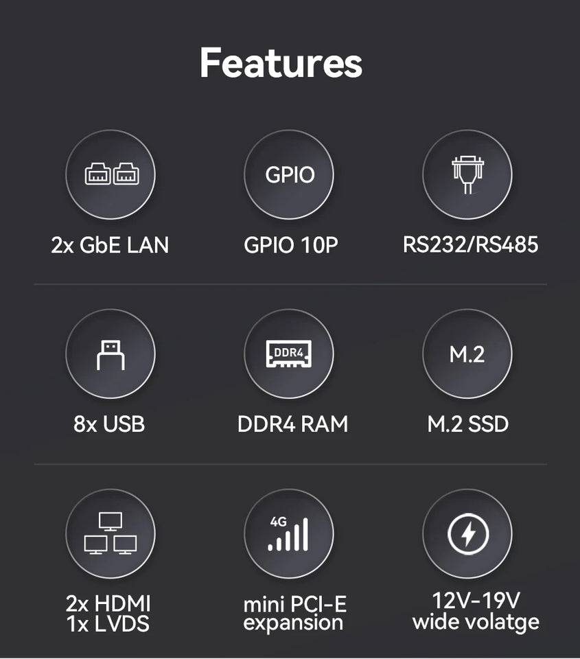 XCY Fanless Mini PC Intel Celeron J4125 DDR4 M.2 SSD RS232/485 2x LAN GPIO mPCIE 4G LTE 8x USB LVDS HDMI TPM 2.0 Windows 11