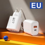 65W GaN USB Fast Charger Quick Charge EU/US Plug Phone Charger For iPhone Xiaomi Samsung Huawei PD Type C Wall Charger Adapter