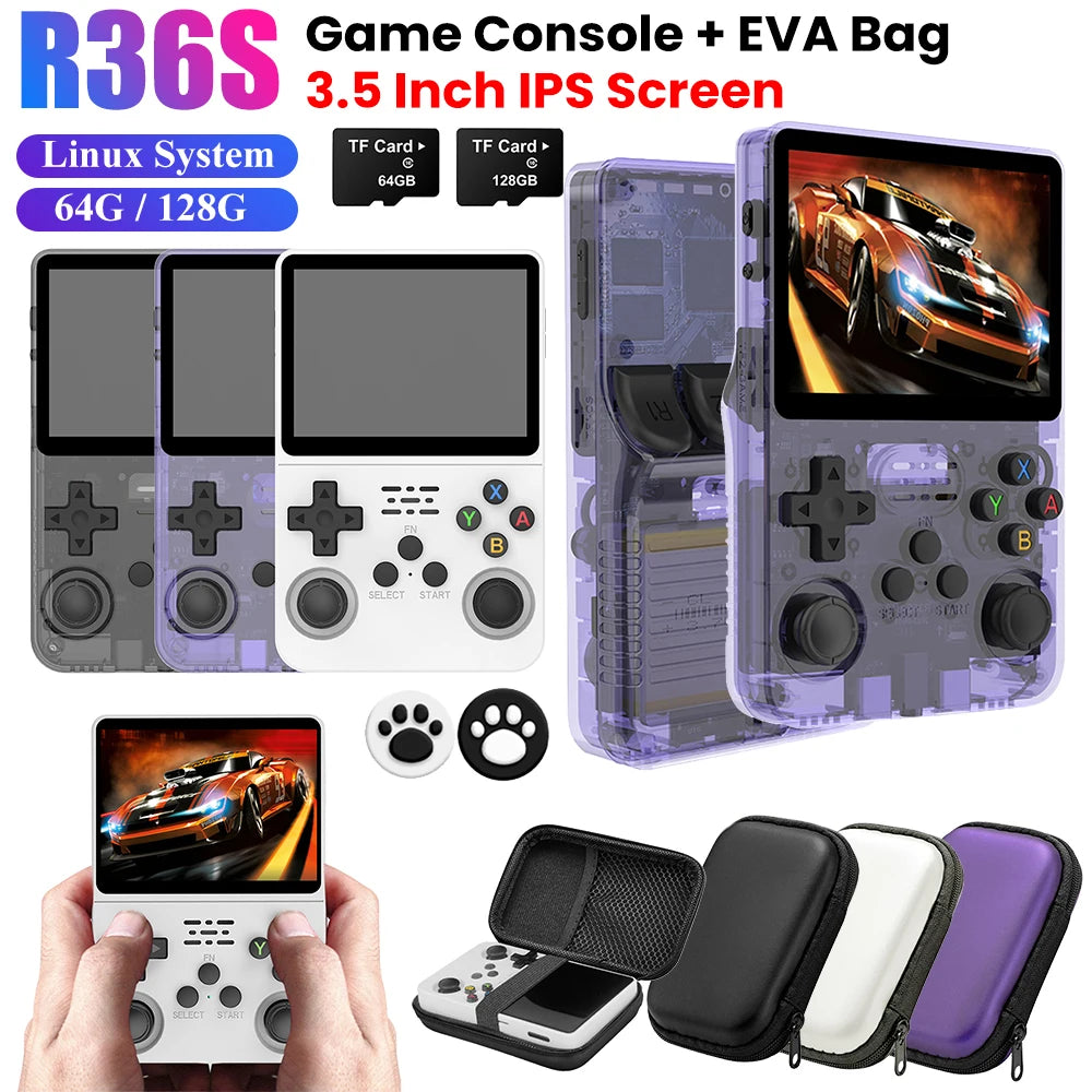 R36S Retro Handheld Game Console Linux System 3.5-inch IPS Screen Portable Video Player 64/128GB 10000 Games+ EVA Carrying Bags