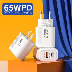 65W GaN USB Fast Charger Quick Charge EU/US Plug Phone Charger For iPhone Xiaomi Samsung Huawei PD Type C Wall Charger Adapter