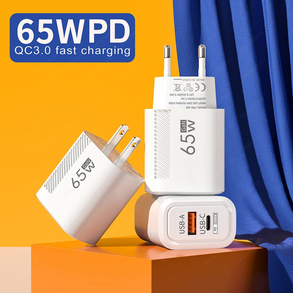 65W GaN USB Fast Charger Quick Charge EU/US Plug Phone Charger For iPhone Xiaomi Samsung Huawei PD Type C Wall Charger Adapter