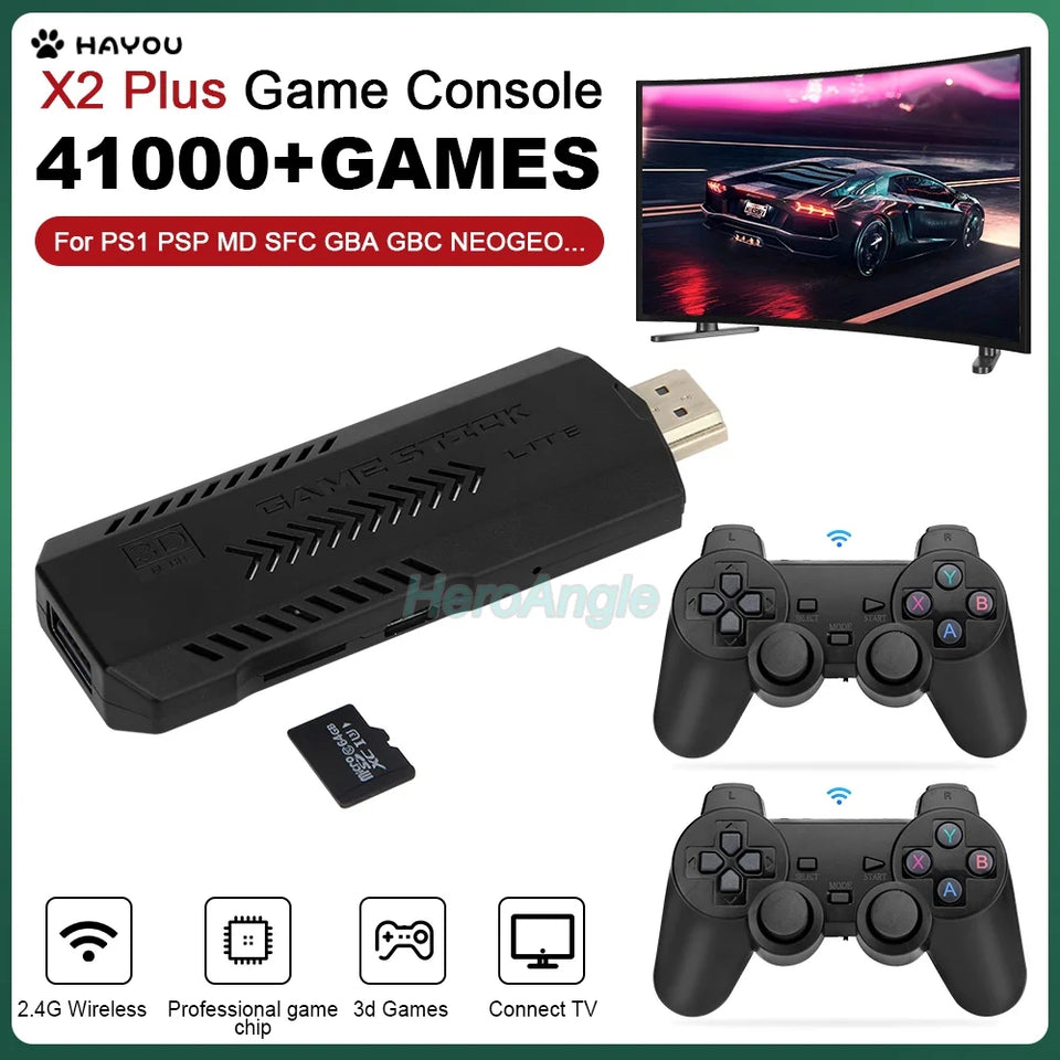New X2 Plus Game Stick 4K GD10 Retro Video Game Console 2.4G Wireless Controller HD-Out 40000 Games For PSP/N64/PS1