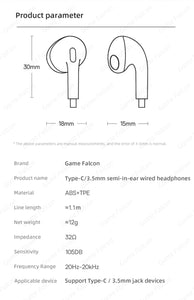 Half-In-Ear Wired Headphones HiFi Music Earbud Handfree Earphone Type-C 3.5mm With Mic For Android Samsung Xiaomi Tablet Laptops