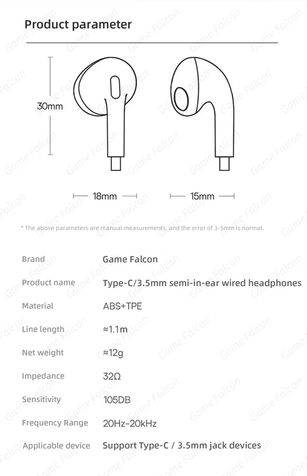 Half-In-Ear Wired Headphones HiFi Music Earbud Handfree Earphone Type-C 3.5mm With Mic For Android Samsung Xiaomi Tablet Laptops