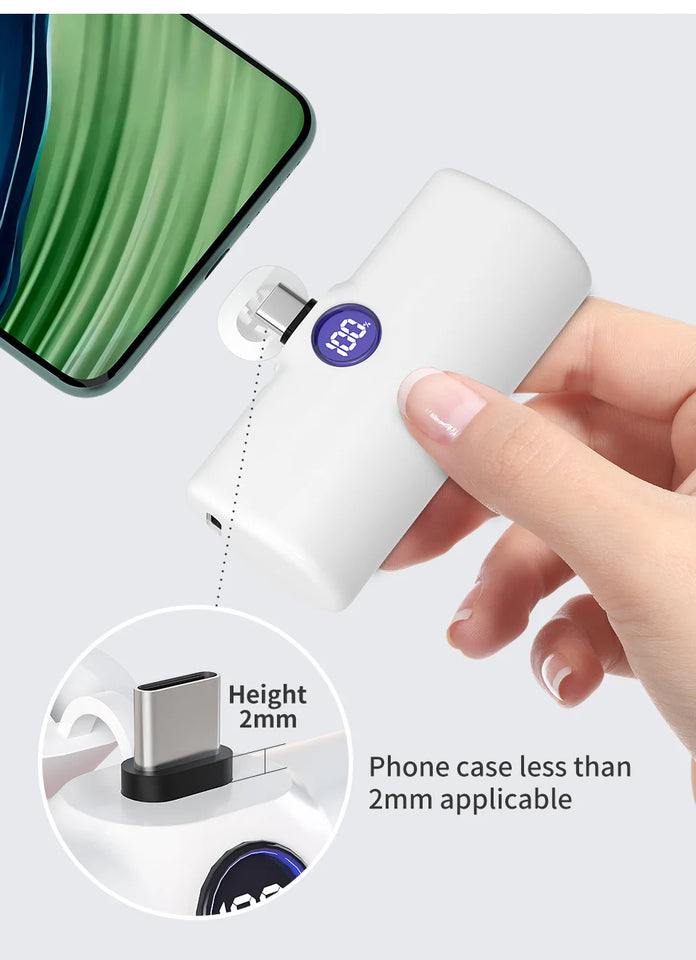 Mini Power Bank Portable 18.5W Fast Charge LED Display Lightning/Type-C Plug 5000mAh Capsule External Battery Pack Powerbank