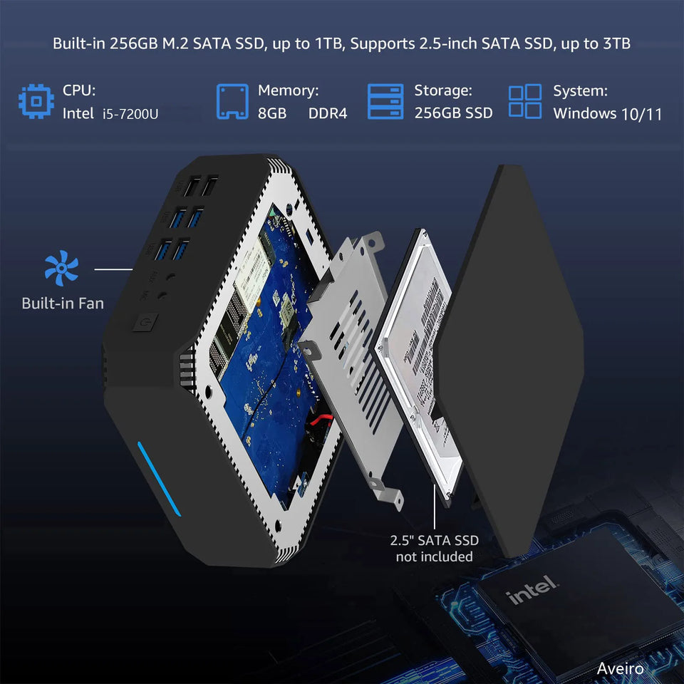 Mini PC ck2 Gaming Intel Core i5-7200U 16GB DDR4 512GB NVMe SSD Windows 11 Pro Computer 4K 60Hz HDMI VGA Win 10 Minipc