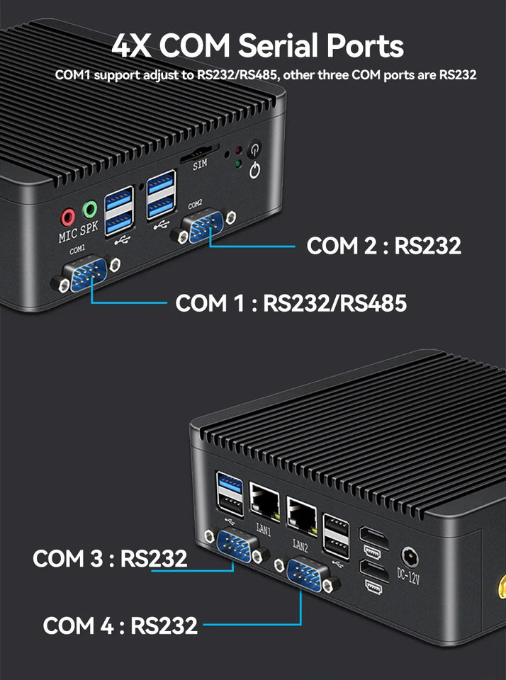 XCY Fanless Mini PC Intel Celeron J4125 DDR4 M.2 SSD RS232/485 2x LAN GPIO mPCIE 4G LTE 8x USB LVDS HDMI TPM 2.0 Windows 11