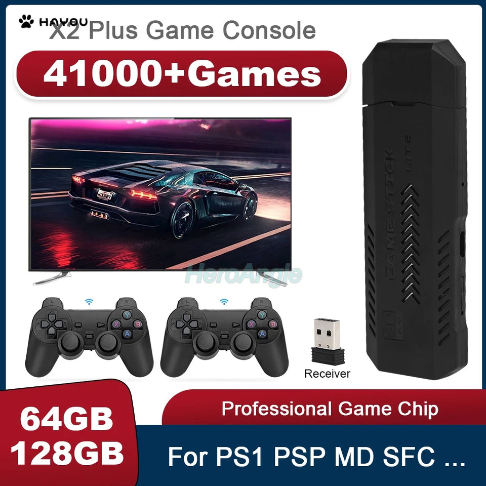 New X2 Plus Game Stick 4K GD10 Retro Video Game Console 2.4G Wireless Controller HD-Out 40000 Games For PSP/N64/PS1