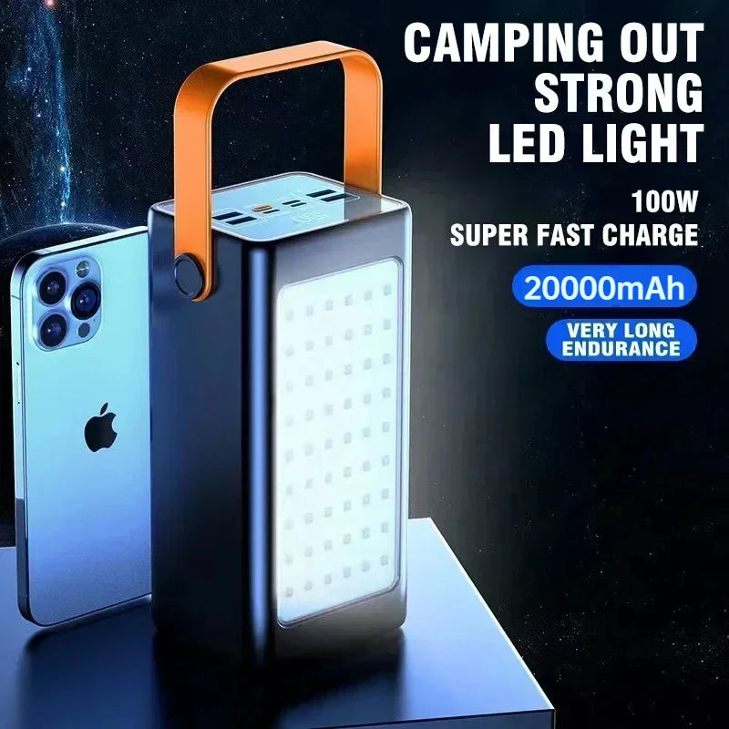 Power Bank 20000mAh High Capacity 66W Fast Charger Waterproof Rechargeable Battery For Mobile Phone Computer Camping LED Light