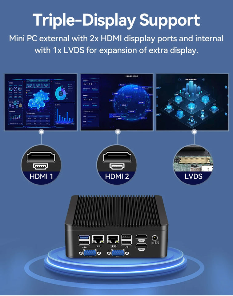 XCY Fanless Mini PC Intel Celeron J4125 DDR4 M.2 SSD RS232/485 2x LAN GPIO mPCIE 4G LTE 8x USB LVDS HDMI TPM 2.0 Windows 11