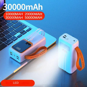 50000mAh 20000mah Wholesale 66W Super Fast Charging Power Bank Built-in Cable Outdoor Large Capacity Portable Mobile Power