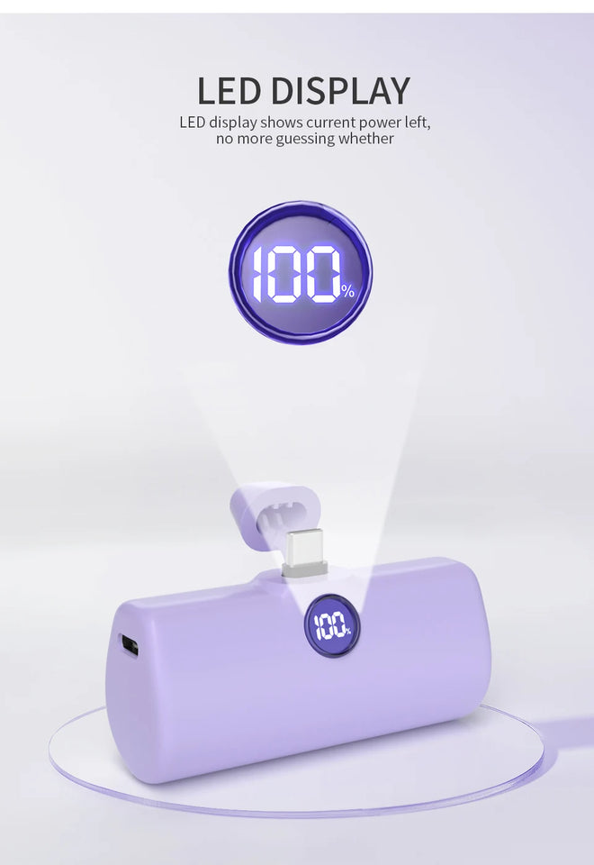 Mini Power Bank Portable 18.5W Fast Charge LED Display Lightning/Type-C Plug 5000mAh Capsule External Battery Pack Powerbank