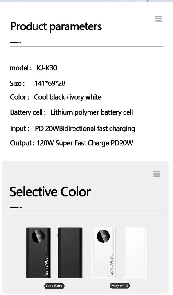 MAOLEI KJ-K30 20000mAh 120W Fast Charge Power Bank Type C USB External Battery for iPhone15 Pro Xiaomi 14 Samsung S23 Powerbank