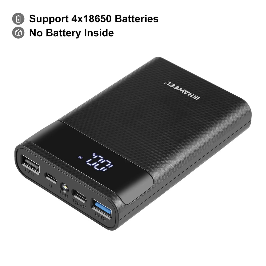 HAWEEL DIY 4x 18650 Battery (Not Included) 12000mAh Dual-way QC Charger Power Bank Shell Box with 2x USB Output & Display, Suppo
