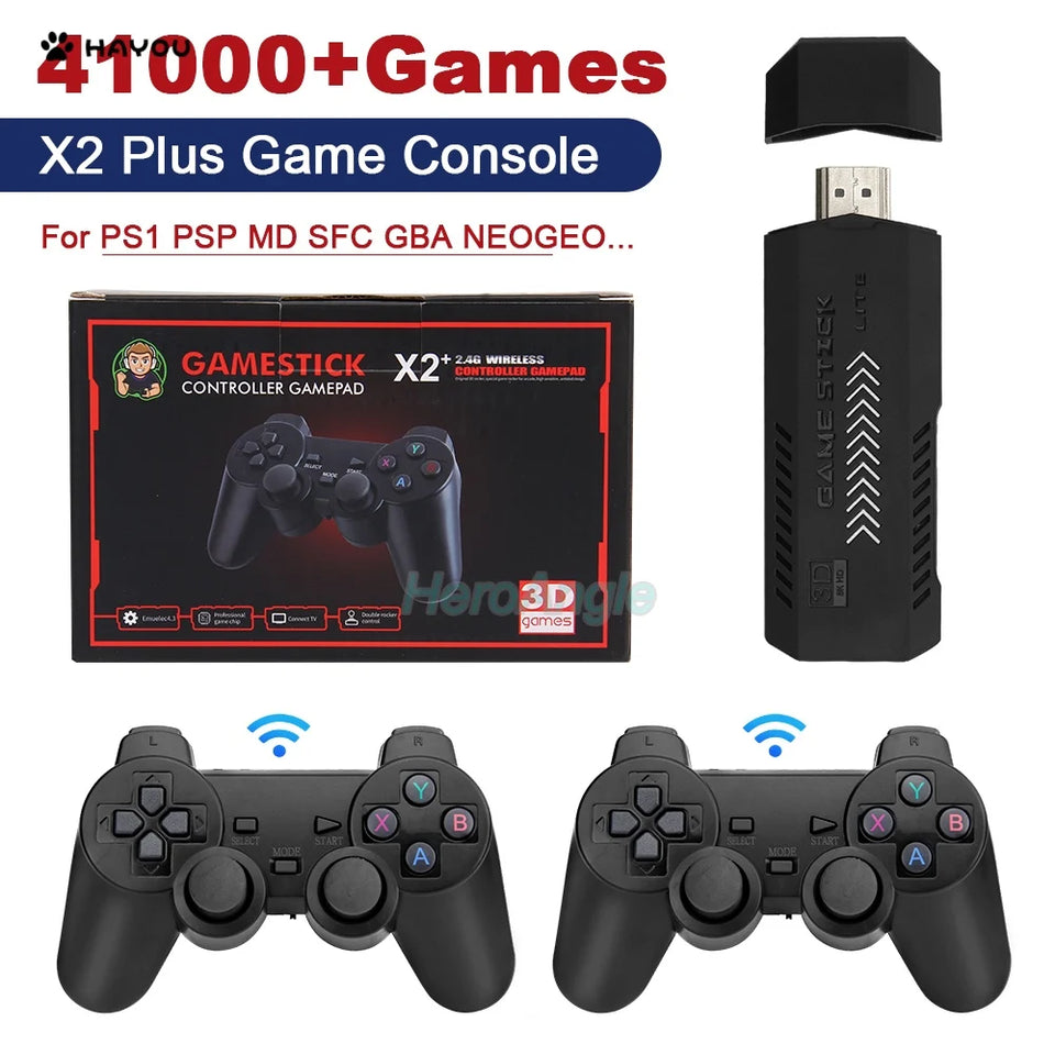 New X2 Plus Game Stick 4K GD10 Retro Video Game Console 2.4G Wireless Controller HD-Out 40000 Games For PSP/N64/PS1
