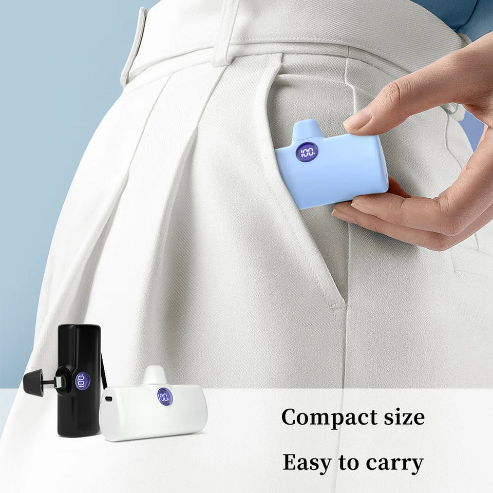 Mini Power Bank Portable 18.5W Fast Charge LED Display Lightning/Type-C Plug 5000mAh Capsule External Battery Pack Powerbank