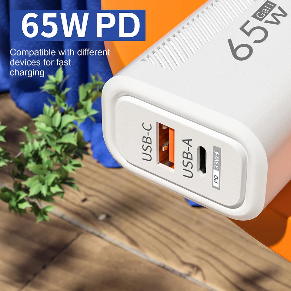 65W GaN USB Fast Charger Quick Charge EU/US Plug Phone Charger For iPhone Xiaomi Samsung Huawei PD Type C Wall Charger Adapter