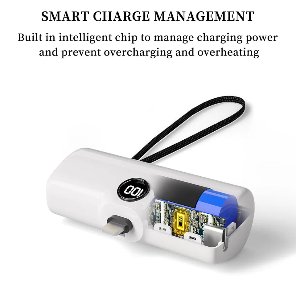 Mini Power Bank Portable 18.5W Fast Charge LED Display Lightning/Type-C Plug 5000mAh Capsule External Battery Pack Powerbank