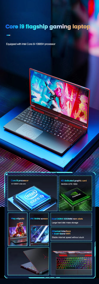 Topton 16.1 Inch Gaming Laptop Intel Core i9 10885H i7 10750H GTX 1650 4G 144Hz IPS Screen Notebook PC Gamer Windows 11 Computer