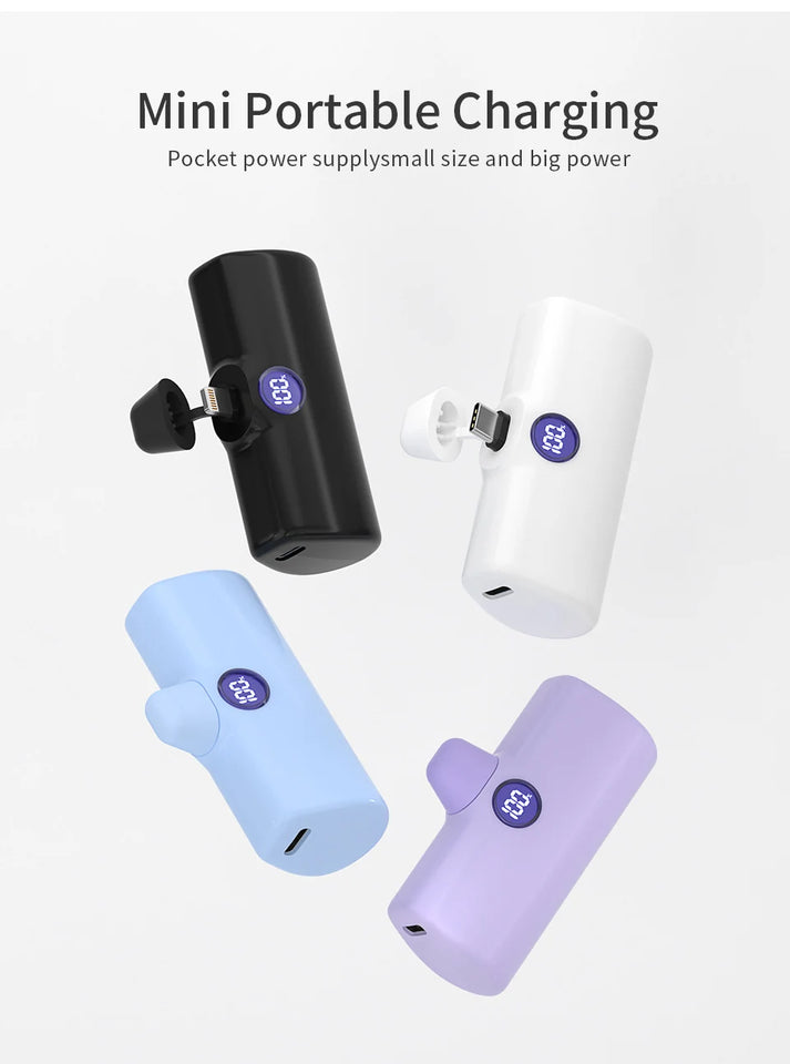 Mini Power Bank Portable 18.5W Fast Charge LED Display Lightning/Type-C Plug 5000mAh Capsule External Battery Pack Powerbank