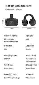 Bluetooth 5.3 Ear Clip Headphones TWS Wireless Earphones Earclip HiFi Stereo Noise Reduction Headset Low Latency Earbuds