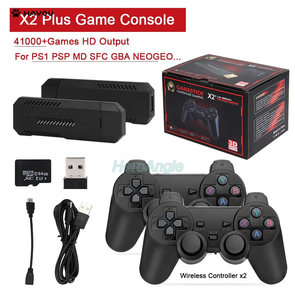 New X2 Plus Game Stick 4K GD10 Retro Video Game Console 2.4G Wireless Controller HD-Out 40000 Games For PSP/N64/PS1