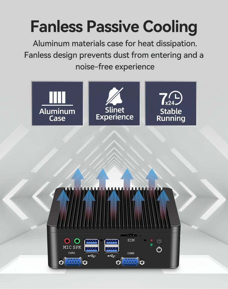 XCY Fanless Mini PC Intel Celeron J4125 DDR4 M.2 SSD RS232/485 2x LAN GPIO mPCIE 4G LTE 8x USB LVDS HDMI TPM 2.0 Windows 11