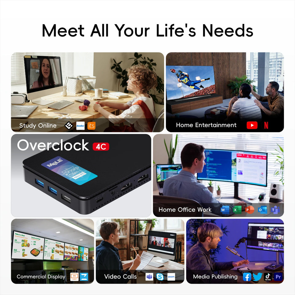MeLE Slim Mini PC N100 16GB 32GB 512GB Windows 11 Industrial Computer WiFi5 Dual HDMI Type Display USB-C Overclock4C